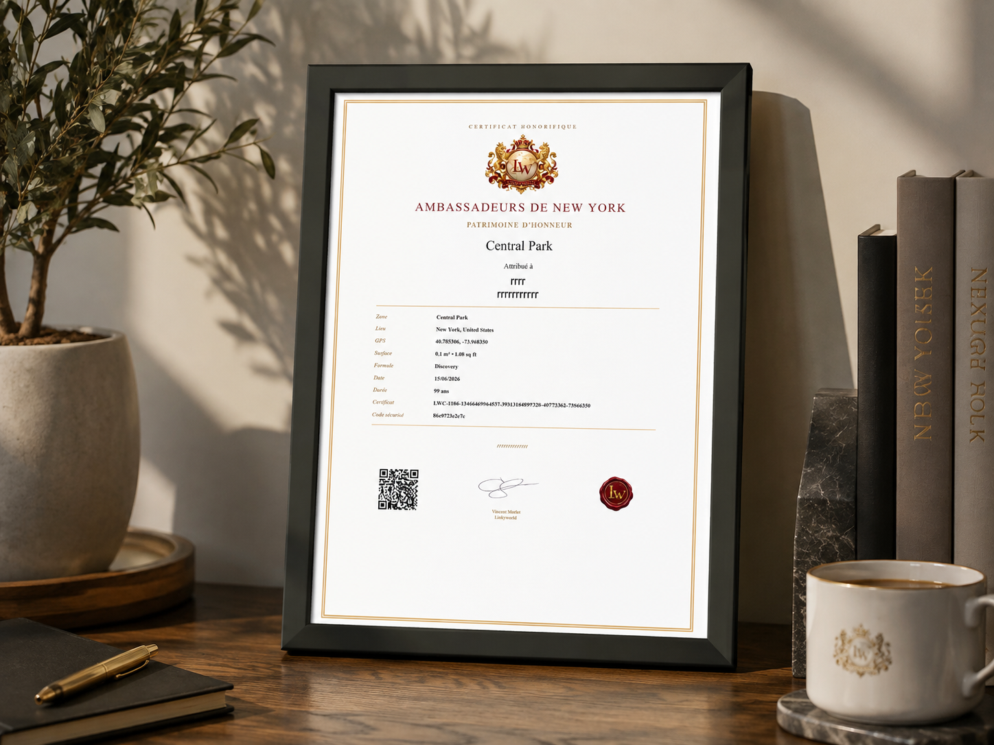Certificat Linkyworld imprimé et encadré